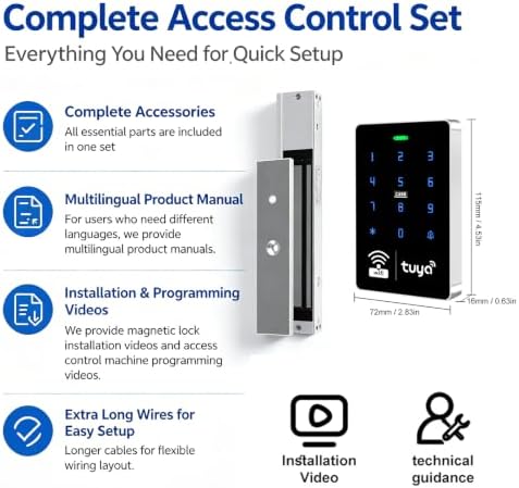 WiFi TUYA Complete Security Access System Kit with Waterproof RFID Touch Keypad Door Lock, Smart Remote Door Opener, App，600-Pound Electric Magnetic Lock + ZL, Metal Sensor Switch, Doorbel