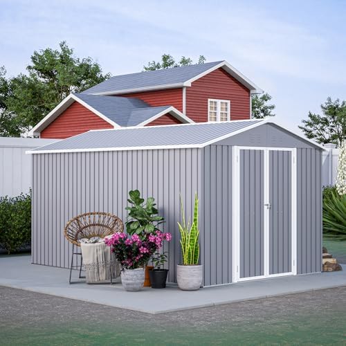 YOPTO 8x12 FT Outdoor Storage Shed W/Floor Frame,Metal Shed W/Double Lockable Doors,Garden Tool House W/ 2 Vents & Sloped Roof,for Backyard Patio Lawn,Gray