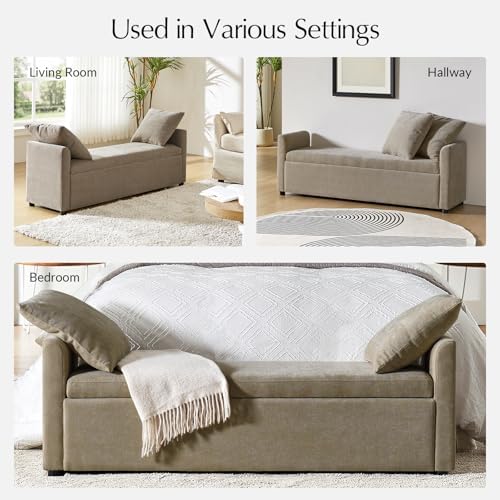59.5" Modern Storage Ottoman Bedroom Bench, End of Bed Bench with Arms and Throw Pillows, Footrest Stool for Living Room, Dining Room, Entryway and Hallway, Brown