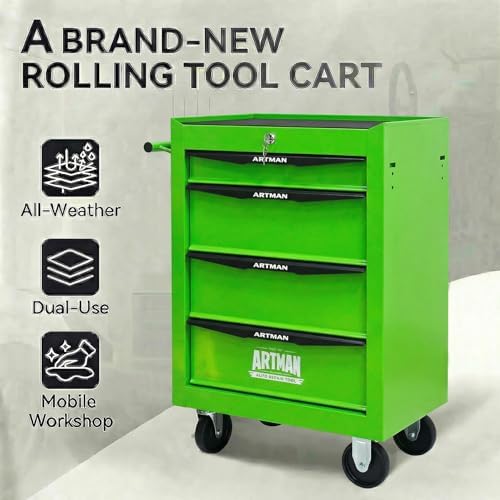 4-Drawer Rolling Tool Chest - Heavy Duty Tool Storage Cabinet with Lockable Wheels & Drawer Liners, Tool Cart with Key Lock,Tool Organizer Box for Garage, Warehouse & Repair Shop (Green)