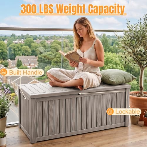 Outdoor Storage Box, 240 Gal Waterproof Resin Deck Box w/Support Rod