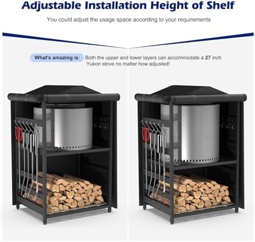 Storage Station for Solo Stove Bonfire, Yukon, Ranger, Firewood Rack Outdoor with Cover, Storage Rack for Fire Pit Accessories, with Waterproof Cover, Adjustable Shelf, Iron Black