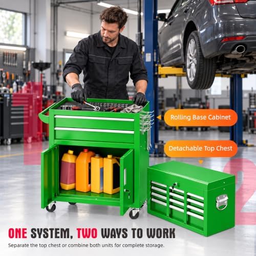 Bonusall 8 Drawer Rolling Tool Chest and Cabinet Combo,Heavy-Duty Metal Garage Tool Chest with Wheels and 2 Doors,2-in-1 Top Box and Roller Cabinet Combo for Garage, Workshop, Warehouse-Green