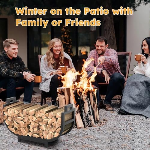 34 Inch Firewood Rack Outdoor Indoor with Handle and Log Carrier Bag, Stable Metal Wood Rack Heavy Duty Log Holder for Fireplace Patio Deck, Rustproof Firewood Storage Organizer Tool, Black