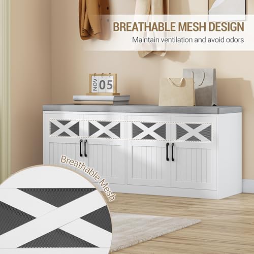 Hzuaneri 47.2" Shoe Storage Bench with 4 Barn Doors & Padded Seat Cushion