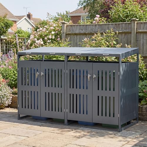 Goplus 44 Cu.Ft Outdoor Trash Can Storage, Garbage Can Hider Outdoor with 2 Lockable Doors Gas Struts & Shock Absorbers, Slant-roof Outdoor Storage for Patio, Backyards, Yard & Garden (52"x32"x49.5")