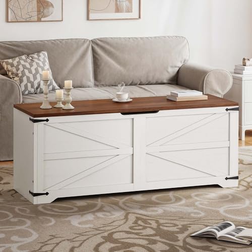 DWVO 47.2" Storage Bench, 2 Safety Hinges, Living Room, White and Walnut