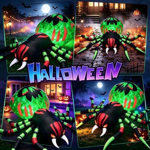 11FT Halloween Inflatables Spider Outdoor Decorations for Yard, Giant Blow up Green Spider with Rotating Fire Flame Light, Large Spooky Spider for Halloween Party Garden Lawn House Holiday Decor