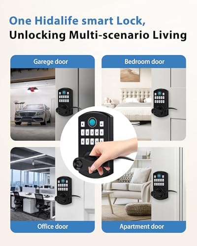 Hidalife Fingerprint Keypad Door Lock with Handle, Keyless Entry Door Lock for Front Door, Easy Passage Mode, Electronic Door Lock with Code, Matte Black