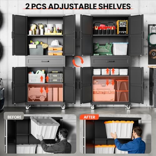 STANI 73" H Metal Storage Cabinet with Wheels, Black Rolling Tool Cabinet