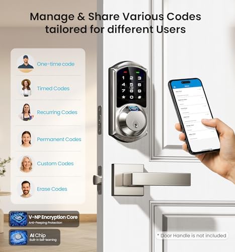 Veise VE07 Fingerprint Smart Deadbolt Lock, App Control, Fobs, Satin Nickel