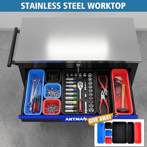 7-Drawer Rolling Tool Chest with Stainless Steel Worktop,Tool Chest with Secure Locking System,Mobile Storage Tool Cabinet with 360°Wheels and Padded Feet,for Home,Garage (Black+Blue)