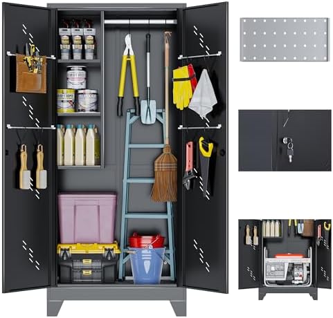 Metal Storage Cabinet, 75" Cleaning Tool Cabinet with Locking Door, Tall Storage Sheds Tool Organizer, Large Broom Cabinet for Bathroom, Laundry Room, Kitchen, Pantry, and Humid Environments