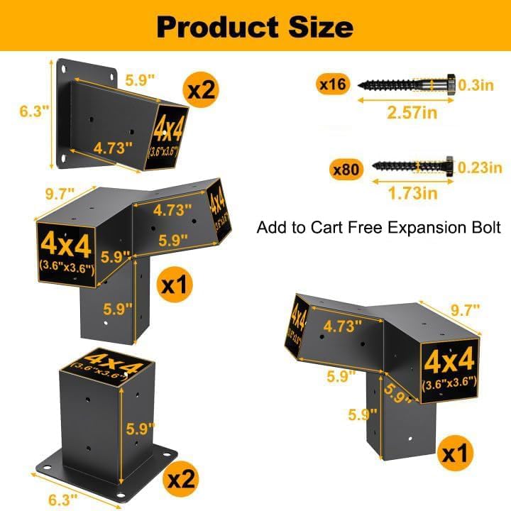 15°Slanted Roof Wall Mount 4x4 6pcs Pergola Bracket Kit