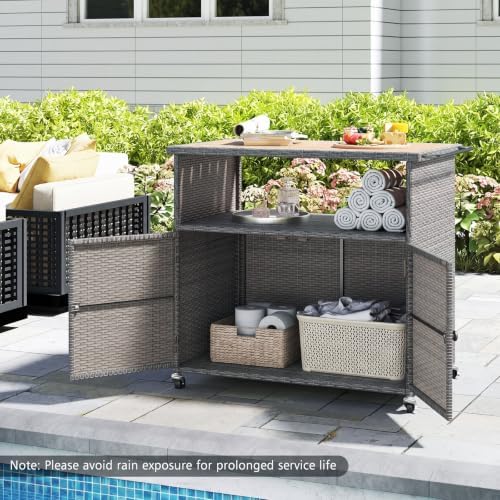 HAPPYGRILL Outdoor Storage Cabinet with Wheels, PE Rattan Deck Box