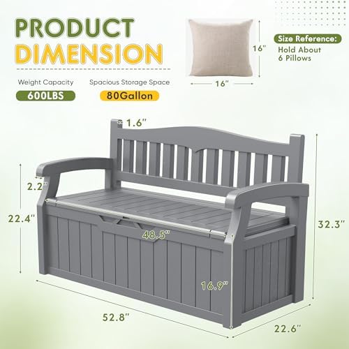Greesum 80 Gallon Storage Bench Outdoor Deck Box with Armrest, Grey