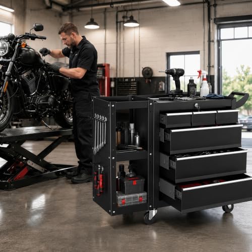 Tool Chest 6-Drawer, Heavy Duty Rolling Tool Chest with Stainless Steel Countertop/Side Drawer, Tool Cabinet with Lockable Drawers & 360° Wheels for Garage Storage, Workshop, Black