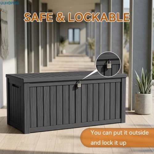 ROJIK Outdoor Storage Box – 150 Gallon Mobile Waterproof Resin Deck Box, Lockable Storage for Patio Cushions, Garden Tools, Pool Accessories – UV-Resistant Storage Bench for Backyard & Deck(Black)