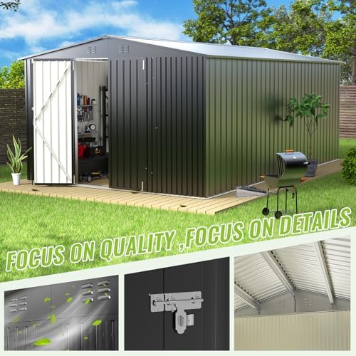 10X14 FT Outdoor Storage Shed, Durable Metal Outside Storage with Lockable Doors, Waterproof Storage Shed for Tools, Equipment, Ideal for Backyard Garden Patio Lawn