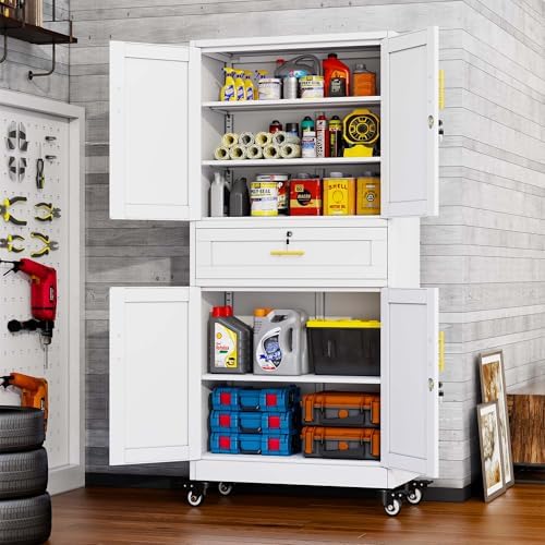 pozdeg 74" White Lockable Rolling Metal Garage Storage Cabinet