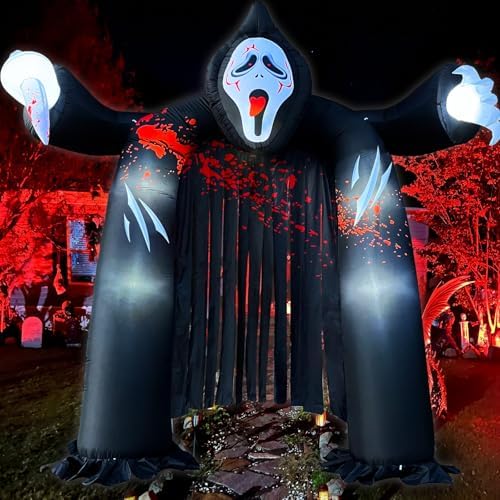 10 FT Halloween Inflatables Archway with Ghost and Build-in LEDs, Blow Up Yard Decorations, Spooky Face Scary Halloween Party Decorations, Large Outdoor Inflatable for Graveyard, Garden, and Lawn