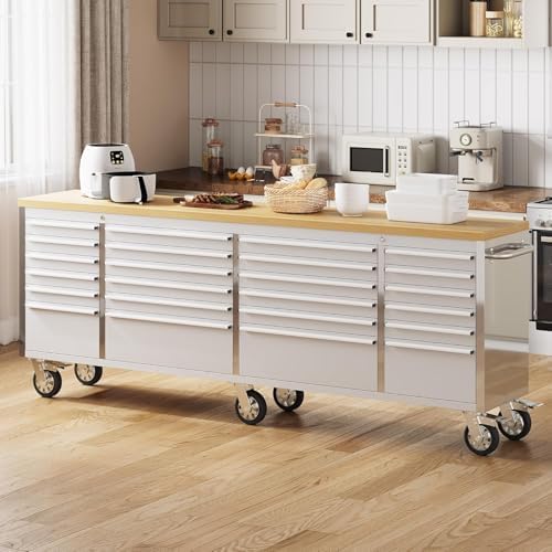 Rolling Tool Chest with Power Strip & Rubber Wood Top - 96 Inch Garage Workbench, Drawer Storage Cabinet Tool Box, Mobile Workstation