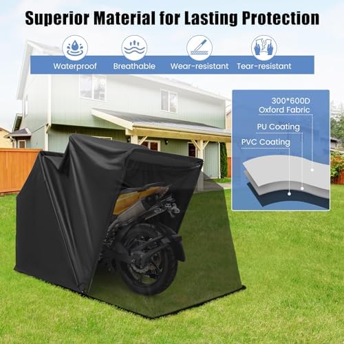 Goplus Motorcycle Storage Shed, 136 x 54 x 75 in Outdoor Motorcycle Tent Shelter Hard Shell, 600D Flip-Up Waterproof Cover, 2 Side Ventilation Windows, Heavy Duty Motorcycle Garage for Bikes, Vehicle