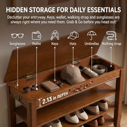 Shoe Rack Bench with Storage 3 Tier Solid Wood Entryway Shoe Rack 39.4"