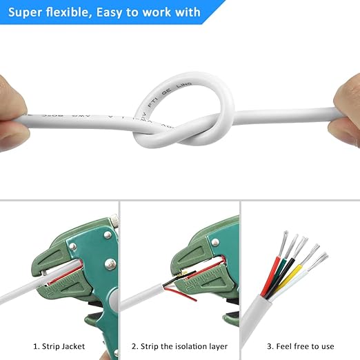 16 Gauge 5 Conductor Electrical Wire, 32.8FT White Stranded Low Voltage 16/5