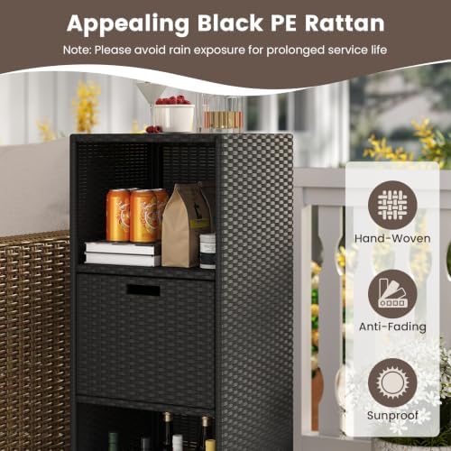 Tangkula Rattan Outdoor Storage Cabinet with 4 Wheels, Black