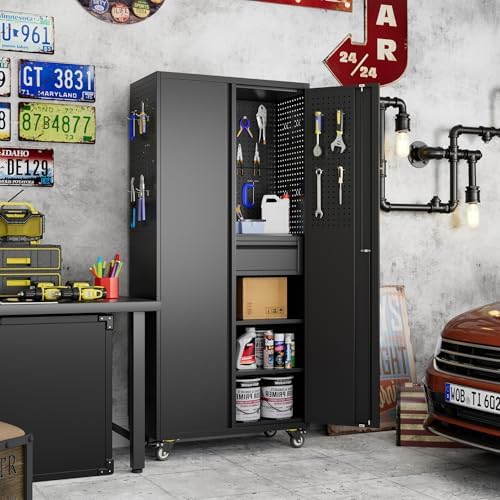 Reemoon 71" Metal Garage Cabinet with Wheels, Drawer and Pegboard