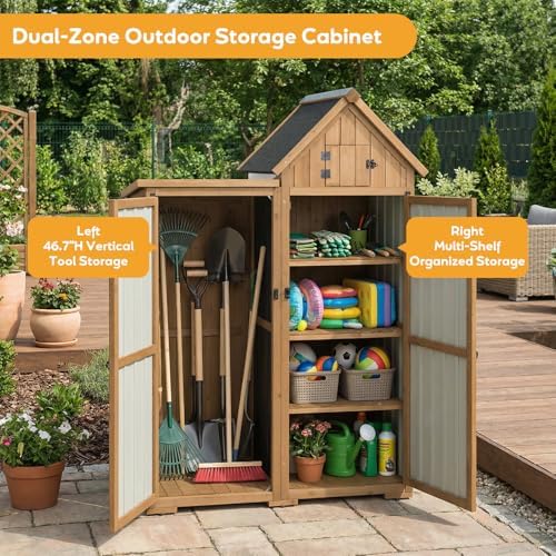 PetsCosset Outdoor Storage Cabinet Wood & Metal Garden Shed with Lockable Doors, 3 Adjustable Shelves, Weatherproof Patio Backyard Storage for Tools & Garden Supplies