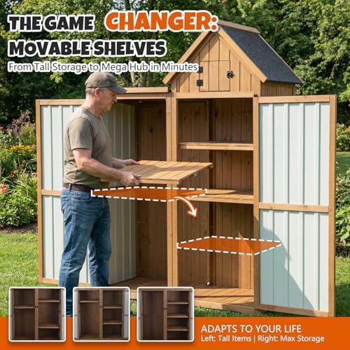 All-in-One Metal & Wood Outdoor Storage Cabinet with Top Compartment, Waterproof Asphalt Roof, Removable Shelves, Heavy-Duty Patio Garage Organizer