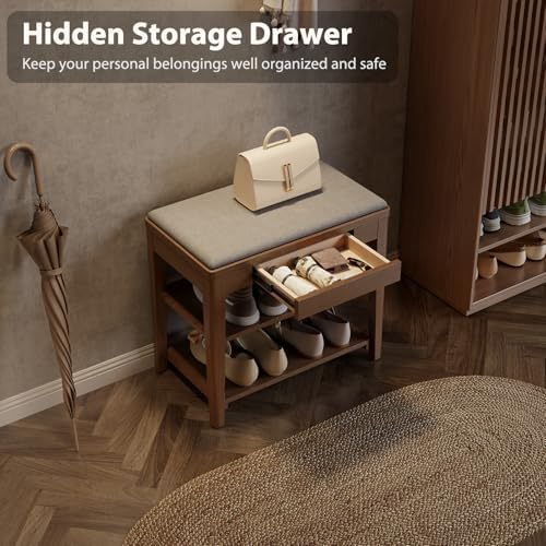 Solid Wood Shoe Bench with Storage, 2-Tier Shoe Storage Bench with Cushion