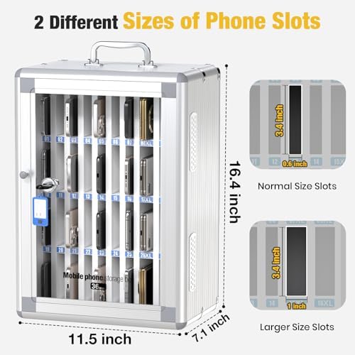 Glosen 36 Slots Cell Phone Storage Locker for Classroom, Portable Phone Locker with Key Lock & Handle, Wall Mounted Phone Lock Box for Office & School, Fits Most Smartphones (Silver)