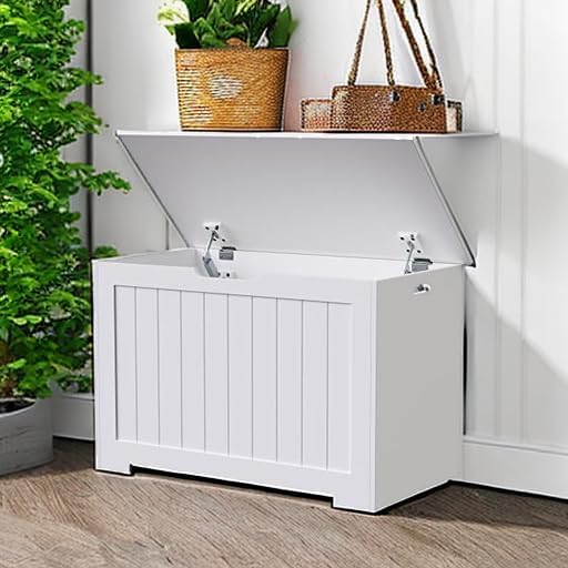 SUPER DEAL Storage Chest, 30 inches Chest Box Organizer with 2 Safety Hinges, Wooden Entryway Storage Bench, White