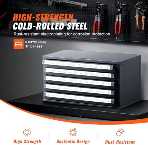 VEVOR Drill Bit Dispenser Cabinet, Five-Drawer Drill Bit Dispenser, 60-Compartment Drill Bit Organizer Cabinet, Drill Dispenser Organizer Cabinet Holder for Jobber Length Wire Gauge Sizes 1 to 60