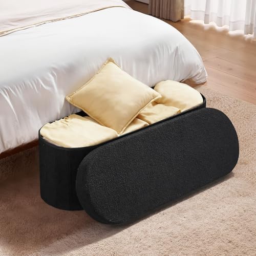 VEVOR Oval Storage Ottoman Bench, Foldable Teddy Fleece End of Bed Bench, Folding Upholstered Bed Ottoman Chest with Large Storage Space, Supports 660 lbs, for Living Room, Bedroom, Entryway, Black