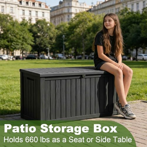 ROJIK 180 Gallon Waterproof Outdoor Deck Storage Box, Lockable Resin Patio Storage Bin with Lid for Garden Tools, Patio Cushions & Outdoor Accessories(Black)