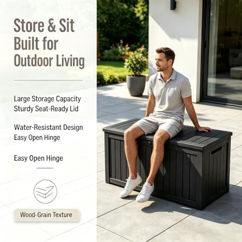MAKINO 198 Gallon Large Resin Outdoor Storage Box, Waterproof Deck Box, Lockable Deck Container with Reinforced Support, Outdoor Chest for Patio Accessories, Outdoor Cushions, Garden Tools, Black