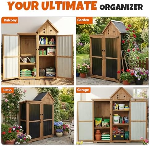 All-in-One Metal & Wood Outdoor Storage Cabinet with Top Compartment, Waterproof Asphalt Roof, Removable Shelves, Heavy-Duty Patio Garage Organizer