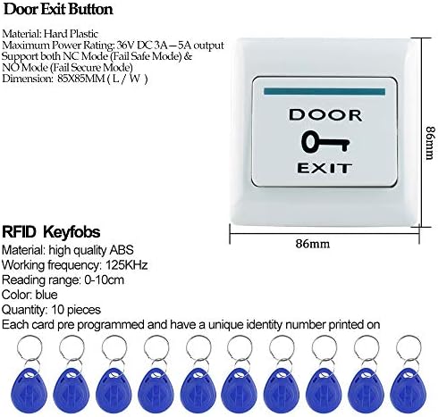 Door Access Control System Kit 125KHz RFID Keypad Metal Case + DC12V 3A Power Supply Controller + Door Exit Button + 10pcs Keyfobs (Without Lock)