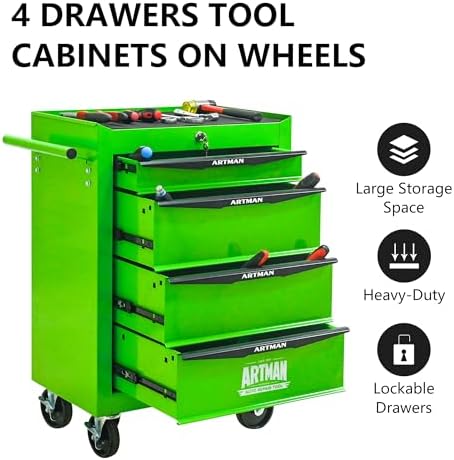 4 Drawer Rolling Tool Chest on Wheels,Multifunctional Mobile Metal Tool Cart,Drawers Rolling Trolley Organizer Tool Storage Box for Repair Shop,Warehouse,Garage,Workshop(4 Drawers-30.5"H-Green)