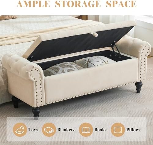 51" Storage Bench for Bedroom, Upholstered Ottoman Bench, Chenille Beige