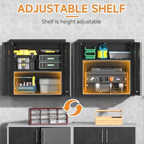Metal Garage Wall Cabinet with 2 Doors and 1 Adjustable Shelf,Lockable Floating Tool Cabinet with Pegboard,Black Steel Storage Cabinet for Kitchen,Office,Garage,Laundry,Warehouse(Black, 26" H)