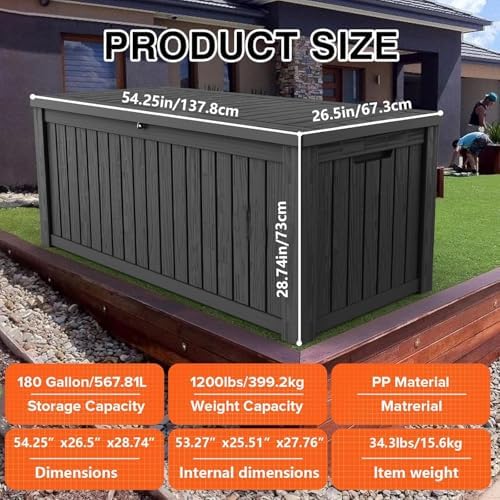 Outdoor Storage Box Waterproof Large, 180 Gallon Lockable Resin Deck Box, Patio Storage Bin for Pool Accessories Cushion Furniture, Garden Tools, UV-Resistant Outside