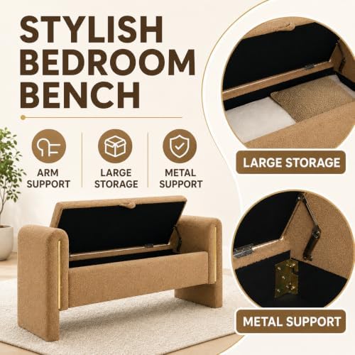 52" Upholstered Storage Bench, Brown, Armrests, Wood Frame