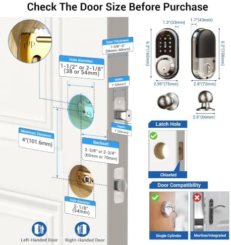 Veise RZ06C Smart Lock Electronic Deadbolt 2 Knobs Handle Set, Satin Nickel