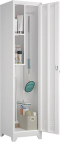 Slim Broom Storage Cabinets, Metal Cabinet with Shelves and Hanging Rod, 15.75" W Utility Storage Cabinet with Locking Door, Slim Cabinet for Small Spaces, Kitchen, Pantry, Office, Shop