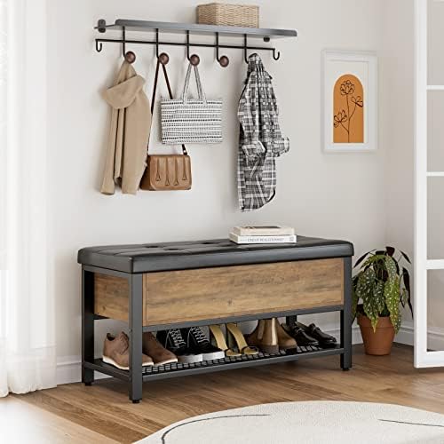 HOSTACK 40" W Storage Bench, Entryway Shoe Bench with Cushion, Rustic Brown